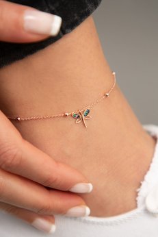 Elika Silver Kadın Pembe Kaplama Top Zincir Detaylı Taş Detaylı Yusufçuk Model 925 Ayar Gümüş Halhal