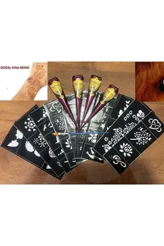 Airbrush Tattoo Doğal Kına Rengi Jumbo Boy 50 Gram 4 Koni Kına Ve 10 Sayfa Şablon Hediyeli Set