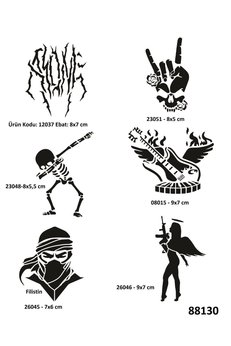 Airbrush Tattoo Rock Ve Müzik Sembolleri 6 Adet Geçici Dövme Kalıbı Spreysiz Sadece Şablon