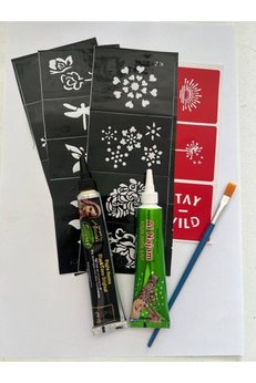 Airbrush Tattoo 2 Tüp Siyah Ve Kırmızı Kına 10 Şablon Ve Fırça Geçici Dövme Seti
