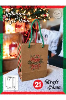 t tuğset etiket Kraft Karton Çanta Yılbaşı Desenli Hediye Paketi Çanta Poşet 2'li 14*17*8cm Happy New Year Baskılı