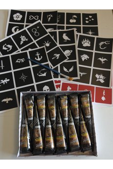 Airbrush Tattoo 12 Tüp Siyah Golecha Kına 80 Minimal Şablon Fırça Hediyeli Geçici Dövme Seti