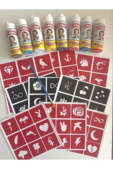 Airbrush Tattoo 8 Farklı Renk El Yüz Boyası 80 Minimal Şablon Ve Fırça Hediyeli Yüz Boyama Seti