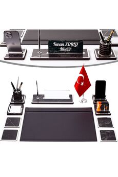 isimliksepeti 11 Parça Türk Bayraklı Mermer Desen Ahşap Sümen Takımı Masa İsimliği Deri Sümen Seti - Gümüş