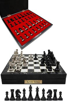 Cooper Chess 36cm Ahşap Kutulu Elagant Metal Klasik Satranç takımı | Siyah Mermer Desenli Kutu Siyah Gümüş Figür