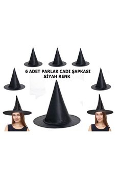 Evimdeyokyok Halloween Siyah Renk Parlak Dralon Cadı Şapkası Yetişkin Ve Çocuk Uyumlu 6 Adet