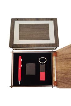 Evimdeyokyok Özel Ahşap Kutulu Kırmızı Kalem Anahtarlık Ve Çakmak Set