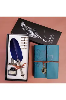 Evimdeyokyok Tüylü Divit Kalem Ve Deri Defter Seti