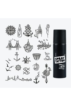 Airbrush Tattoo İstanbul City Pack Spray Tattoo Geçici Dövme Seti 19 Desen 1 Siyah Sprey
