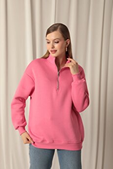 Ftt Shoppıng Market Üç İpli̇k Di̇k Yaka Yarım Fermuarlı Kadın Pembe Sweat