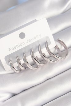 Evimdeyokyok Pirinç Gümüş Renk Yassı Halka Model Kadın Küpe Seti - Tj-Bkp8776
