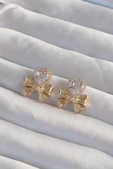Evimdeyokyok Pirinç Gold Renk Zirkon Taşlı Kalp Model Fiyonk Küpe Tj-Bkp9311