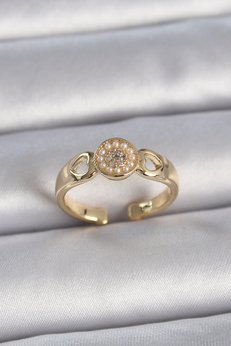 Evimdeyokyok Pirinç Gold Renk Zirkon Taşlı İncili Kalp İşleme Detay Ayarlanabilir Kadın Yüzük Tj-Byk3358