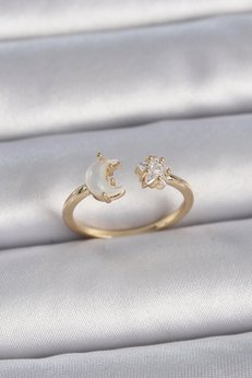 Evimdeyokyok Pirinç Gold Renk İncili Hilal Zirkon Taşlı Yıldız Ayarlanabilir Model Kadın Yüzük - Tj-Byk3360
