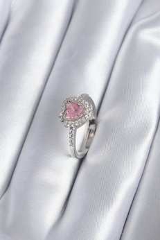 Evimdeyokyok Pirinç Gümüş Renk Pembe Zirkon Taş Kalp Charm Model Kadın Yüzük Tj-Byk2859