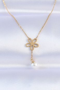 Evimdeyokyok 316L Çelik Zincir Gold Renk İnci Detay Çiçek Kolye Tj-Bko8730