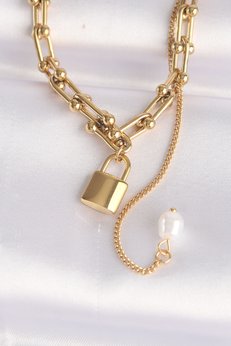 Evimdeyokyok 316L Çelik Zincir Altın Renk Zincirli Love Yazılı Kilit Kolye - Tj-Bko8632