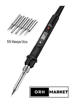 ORH Market 80w Dijital Lcd Lehim Havya Seti – Sıcaklık Ayarlı Seramik Rezistörlü 5 Uç