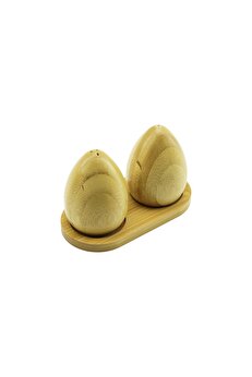 Go İthalat 2 Pcs - Yumurta Modeli̇ Ahşap Bambu Tuzluk - Baharatlık Ahşap Standlı (4457)