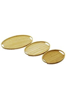 Go İthalat Oval - 3 Boy Bambu Ahşap Tepsi̇ Seti̇ 20X29--26X36--31X45Cm (4457)