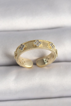 Evimdeyokyok Pirinç Gold Renk Zirkon Taşlı Yonca İşlemeli Ayarlanabilir Yüzük Tj-Byk3545