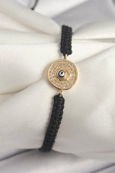 Evimdeyokyok Pirinç Gold Renk Zirkon Taşlı Nazar Boncuk İşleme Makrome Asansörlü Model Kadın Bileklik Tj-Bb6789