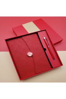 Evimdeyokyok Çizgili Defter Ve Metal Kalem Seti Kırmızı