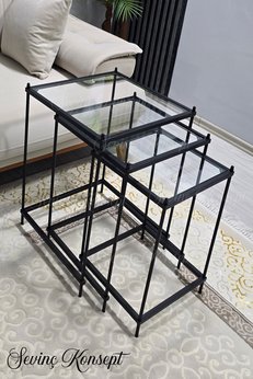 SEVİNÇ KONSEPT 3 lü Vera Black Şeffaf Camlı Çok Amaçlı Metal Zigon Yan Sehpa