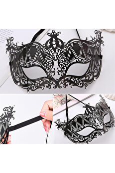 Ethab Ti̇caret Kri̇stal Gümüş Taşlı Si̇yah Lazer Kesi̇m Metal Lüks Maske