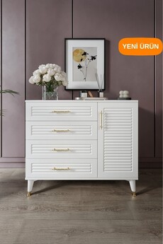 mapahomeliving Panjurlu 4 Çekmeceli 1 Kapaklı Şifonyer Modern Tasarım MDF Kapak Beyaz Gold