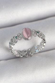 Clariss Pirinç Gümüş Renk Zirkon Taş Detaylı Pembe Mineli Damla Model Ayarlanabilir Kadın Yüzük