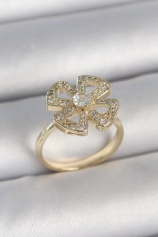 Evimdeyokyok Pirinç Gold Renk Zirkon Taşlı Yonca Model Ayarlanabilir Kadın Yüzük Tj-Byk3719