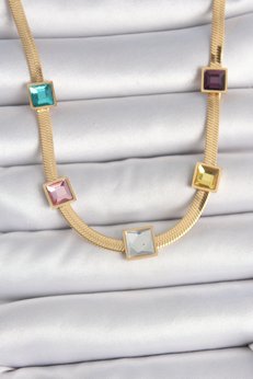 Evimdeyokyok 316L Çelik Gold Renk İtalyan Zincir Model Kare Renkli Zirkon Taşlı Kadın Kolye Tj-Bko10118
