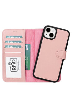 gizmurstore Apple iPhone 15 Plus Uyumlu Deri Cüzdanlı Kılıf MWWN NU2 Pembe