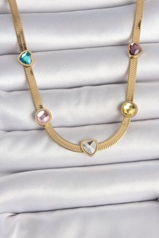 Evimdeyokyok 316L Çelik Gold Renk İtalyan Zincir Renkli Zirkon Taşlı Kalp Figür Kadın Kolye Tj-Bko10117