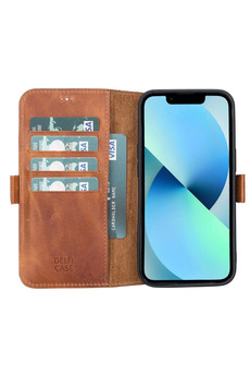 gizmurstore Apple iPhone 13 Uyumlu Deri Cüzdanlı Kılıf Karamel