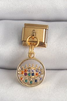 Evimdeyokyok 316L Çelik Gold Renk Sallantı Renkli Zirkon Taşlı Göz Model Nomination Charm Tj-Bc1346