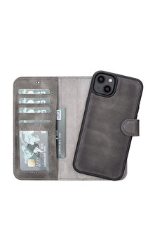 gizmurstore Apple iPhone 14 Plus Uyumlu Deri Cüzdanlı Kılıf MWWN VS4EF Gri
