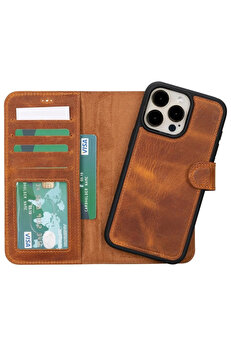 gizmurstore Apple iPhone 15 Pro Max Uyumlu Deri Cüzdanlı Kılıf MWWN G19 Taba