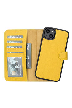 gizmurstore Apple iPhone 14 Plus Uyumlu Deri Cüzdanlı Kılıf MWWN FL12 Sarı