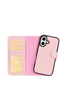 gizmurstore Apple iPhone 16 Plus uyumlu, Hakiki Deri, El Yapımı, Cüzdanlı Kılıf, Toz Pembe