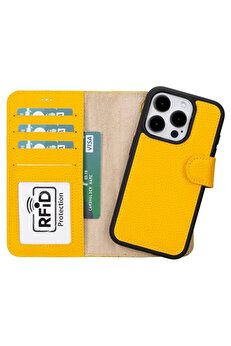 gizmurstore Apple iPhone 15 Pro Uyumlu Deri Cüzdanlı Kılıf MWWN FL12 Sarı