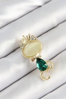 Evimdeyokyok Yeşil Damla Zirkon Taşlı Kraliçe Taçlı Kedi Figürlü Gold Renk Kadın Broş Tj-Br450