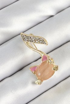 Evimdeyokyok Zirkon Taşlı 3D Kedi Detaylı Nota Figürlü Gold Renk Kadın Broş Tj-Br444
