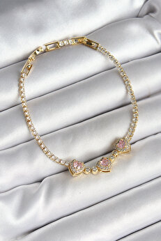 Tj Pi̇ri̇nç Sıralı Pembe Kalp Fi̇gürlü Zi̇rkon Taşlı Gold Renk Kadın Bi̇lekli̇k Tj-Bb6983