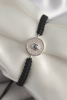 Evimdeyokyok Pirinç Gümüş Renk Zirkon Taşlı Nazar Boncuk İşleme Makrome Asansörlü Model Kadın Bileklik Tj-Bb6787