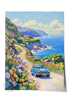 Postifull Çerçevesiz Duvar Posteri Araba Çiçek Yol İzlenimci Mavi Pastel Tonlar Renk Poster 2025 Yaz Se