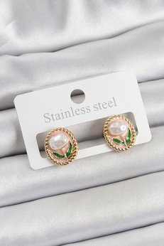 Evimdeyokyok Pirinç Pembe Mineli Lale Figürlü Sanatsal Portre Model Gold Renk Kadın Küpe Tj-Bkp10672