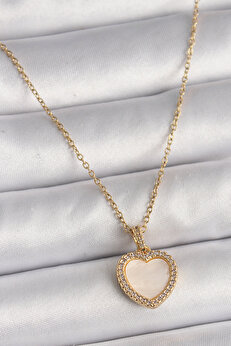 Toptan Bulurum 316L Çelik Gold Renk Zincir Zirkon Taşlı Beyaz Mineli Kalp Model Kadın Ke