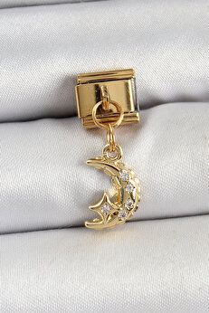 Tj 316L Çeli̇k Sallantılı Zi̇rkon Taşlı Ay Model Gold Renk Nomi̇nati̇on Charm - Tj-Bc1431